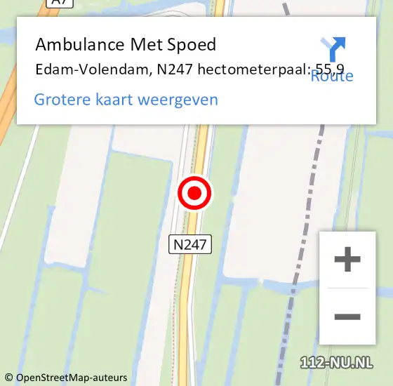 Locatie op kaart van de 112 melding: Ambulance Met Spoed Naar Edam-Volendam, N247 hectometerpaal: 55,9 op 25 maart 2022 15:32