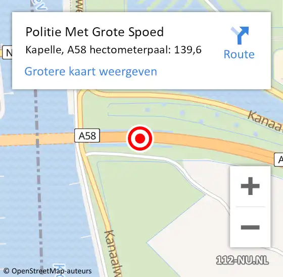 Locatie op kaart van de 112 melding: Politie Met Grote Spoed Naar Kapelle, A58 hectometerpaal: 139,6 op 25 maart 2022 15:35