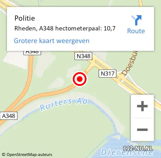 Locatie op kaart van de 112 melding: Politie Rheden, A348 hectometerpaal: 10,7 op 25 maart 2022 17:29