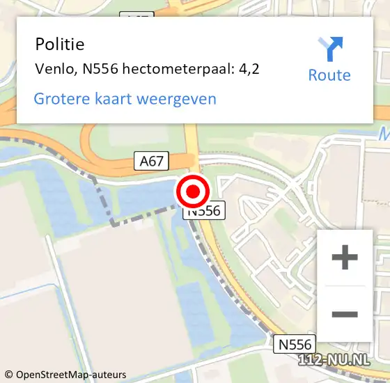 Locatie op kaart van de 112 melding: Politie Venlo, N556 hectometerpaal: 4,2 op 25 maart 2022 17:40