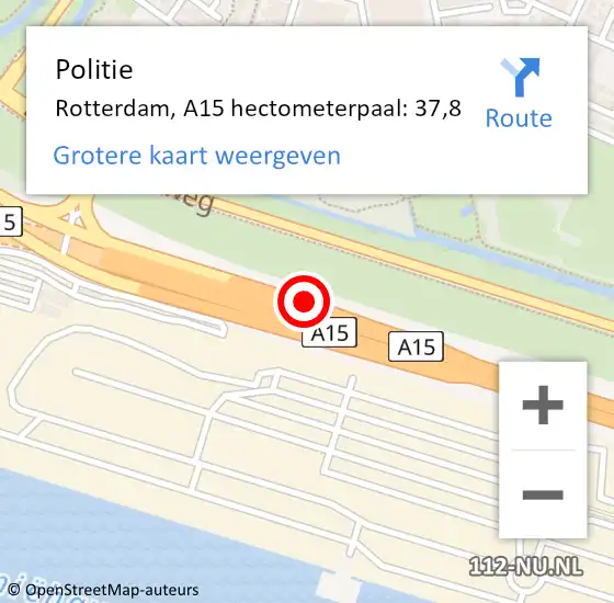 Locatie op kaart van de 112 melding: Politie Rotterdam, A15 hectometerpaal: 37,8 op 25 maart 2022 18:20