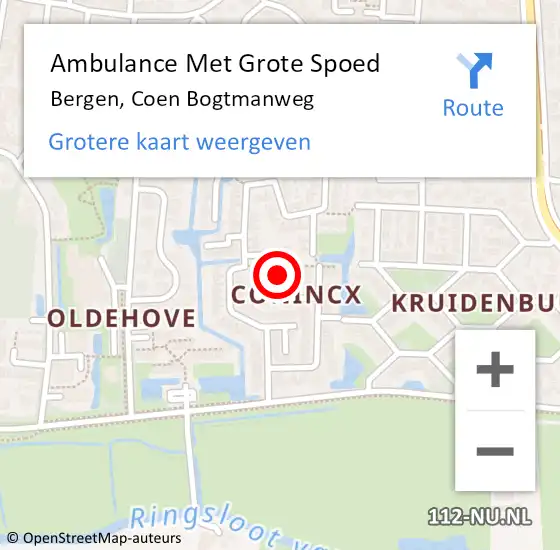 Locatie op kaart van de 112 melding: Ambulance Met Grote Spoed Naar Bergen, Coen Bogtmanweg op 25 maart 2022 20:02