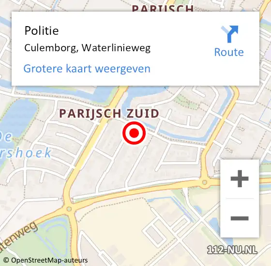 Locatie op kaart van de 112 melding: Politie Culemborg, Waterlinieweg op 25 maart 2022 20:33