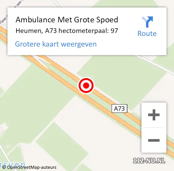 Locatie op kaart van de 112 melding: Ambulance Met Grote Spoed Naar Heumen, A73 hectometerpaal: 97 op 26 maart 2022 02:22
