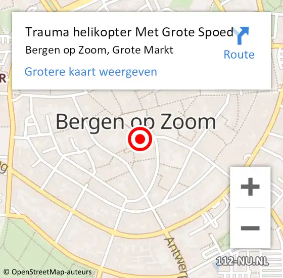 Locatie op kaart van de 112 melding: Trauma helikopter Met Grote Spoed Naar Bergen op Zoom, Grote Markt op 26 maart 2022 03:22