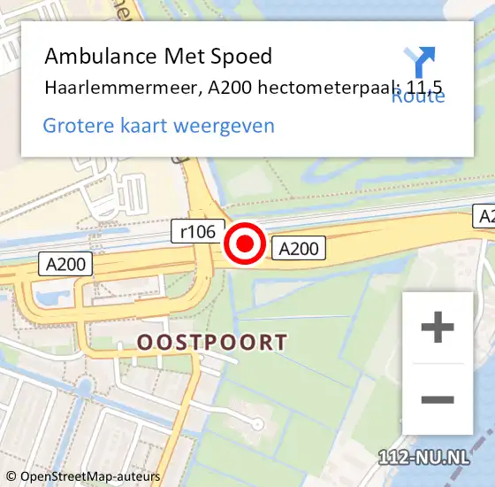 Locatie op kaart van de 112 melding: Ambulance Met Spoed Naar Haarlemmermeer, A200 hectometerpaal: 11,5 op 26 maart 2022 05:52