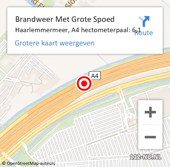 Locatie op kaart van de 112 melding: Brandweer Met Grote Spoed Naar Haarlemmermeer, A4 hectometerpaal: 6,1 op 26 maart 2022 06:46
