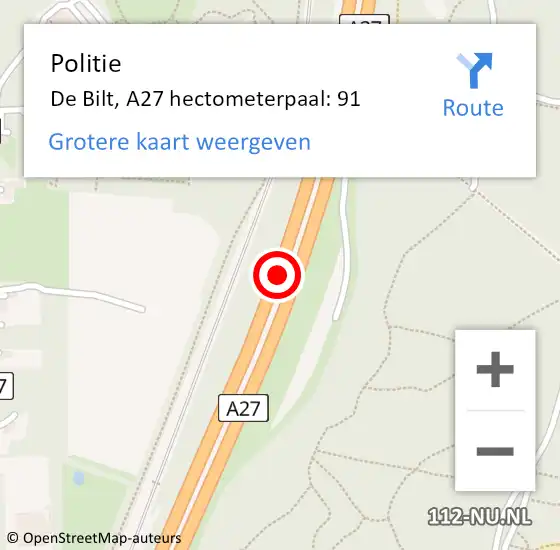 Locatie op kaart van de 112 melding: Politie De Bilt, A27 hectometerpaal: 91 op 26 maart 2022 07:57