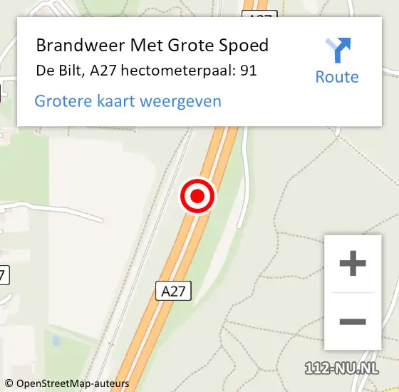 Locatie op kaart van de 112 melding: Brandweer Met Grote Spoed Naar De Bilt, A27 hectometerpaal: 91 op 26 maart 2022 07:58