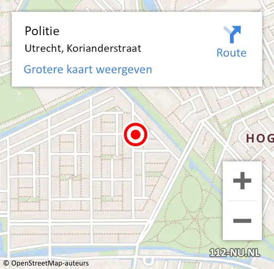 Locatie op kaart van de 112 melding: Politie Utrecht, Korianderstraat op 26 maart 2022 08:47