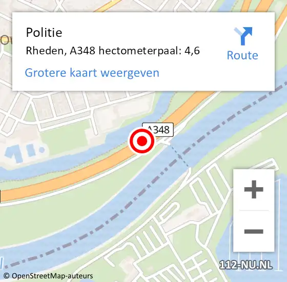 Locatie op kaart van de 112 melding: Politie Rheden, A348 hectometerpaal: 4,6 op 26 maart 2022 09:36