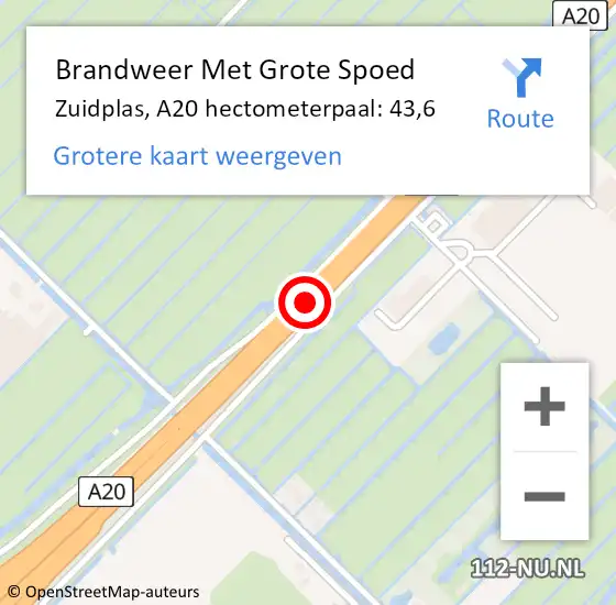 Locatie op kaart van de 112 melding: Brandweer Met Grote Spoed Naar Zuidplas, A20 hectometerpaal: 43,6 op 26 maart 2022 11:11