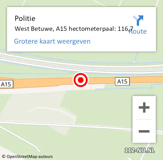 Locatie op kaart van de 112 melding: Politie West Betuwe, A15 hectometerpaal: 116,7 op 26 maart 2022 11:36