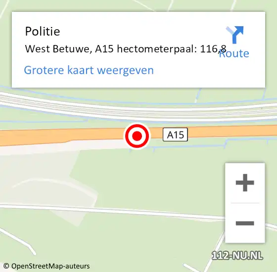 Locatie op kaart van de 112 melding: Politie West Betuwe, A15 hectometerpaal: 116,8 op 26 maart 2022 11:47