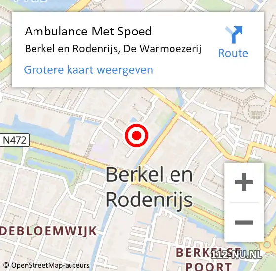 Locatie op kaart van de 112 melding: Ambulance Met Spoed Naar Berkel en Rodenrijs, De Warmoezerij op 26 maart 2022 12:50