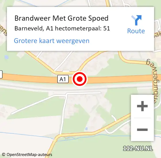 Locatie op kaart van de 112 melding: Brandweer Met Grote Spoed Naar Barneveld, A1 hectometerpaal: 51 op 26 maart 2022 13:26