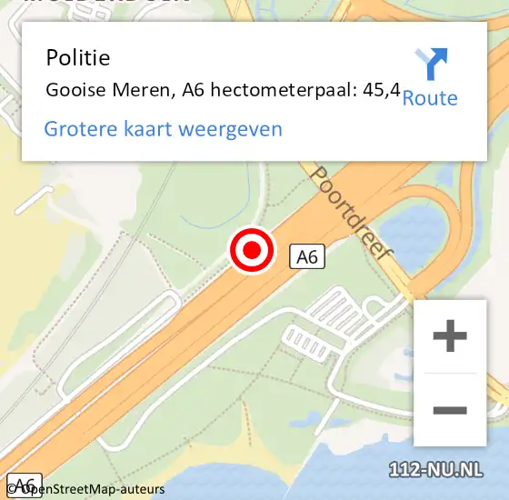 Locatie op kaart van de 112 melding: Politie Gooise Meren, A6 hectometerpaal: 45,4 op 26 maart 2022 13:53