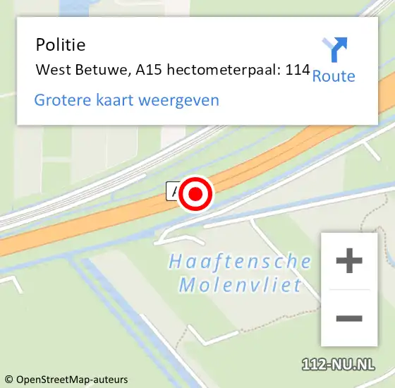 Locatie op kaart van de 112 melding: Politie West Betuwe, A15 hectometerpaal: 114 op 26 maart 2022 14:08