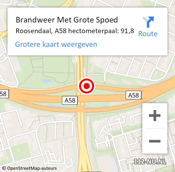 Locatie op kaart van de 112 melding: Brandweer Met Grote Spoed Naar Roosendaal, A58 hectometerpaal: 91,8 op 26 maart 2022 20:26