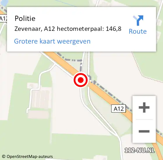 Locatie op kaart van de 112 melding: Politie Zevenaar, A12 hectometerpaal: 146,8 op 26 maart 2022 20:46