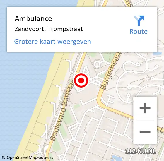 Locatie op kaart van de 112 melding: Ambulance Zandvoort, Trompstraat op 26 maart 2022 21:24