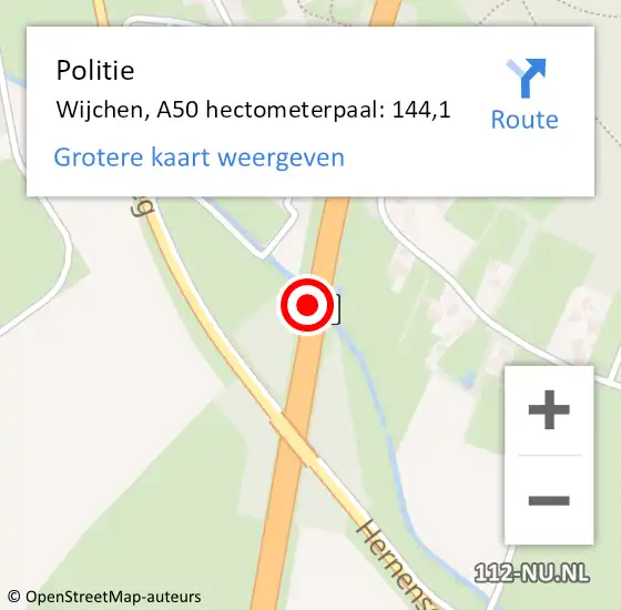 Locatie op kaart van de 112 melding: Politie Wijchen, A50 hectometerpaal: 144,1 op 26 maart 2022 21:26