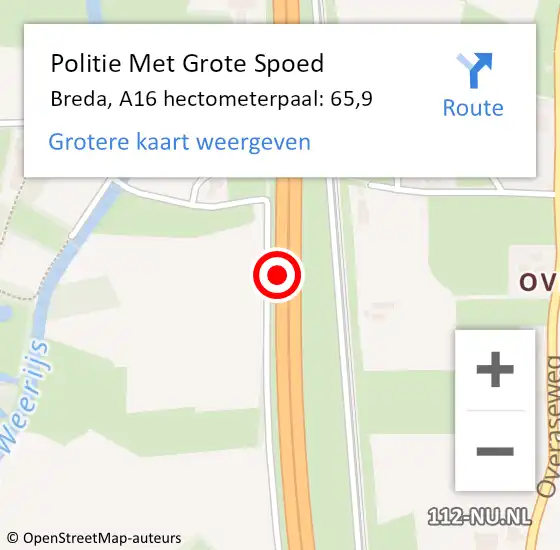 Locatie op kaart van de 112 melding: Politie Met Grote Spoed Naar Breda, A16 hectometerpaal: 65,9 op 27 maart 2022 03:16