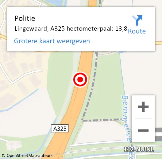 Locatie op kaart van de 112 melding: Politie Lingewaard, A325 hectometerpaal: 13,8 op 27 maart 2022 06:14