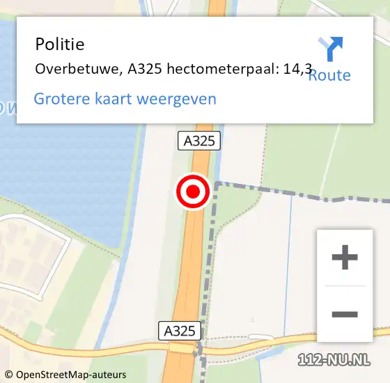 Locatie op kaart van de 112 melding: Politie Overbetuwe, A325 hectometerpaal: 14,3 op 27 maart 2022 06:20