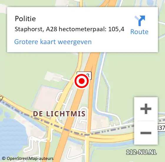 Locatie op kaart van de 112 melding: Politie Staphorst, A28 hectometerpaal: 105,4 op 27 maart 2022 09:28