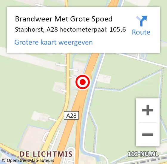 Locatie op kaart van de 112 melding: Brandweer Met Grote Spoed Naar Staphorst, A28 hectometerpaal: 105,6 op 27 maart 2022 09:29