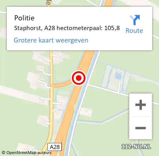 Locatie op kaart van de 112 melding: Politie Staphorst, A28 hectometerpaal: 105,8 op 27 maart 2022 09:31