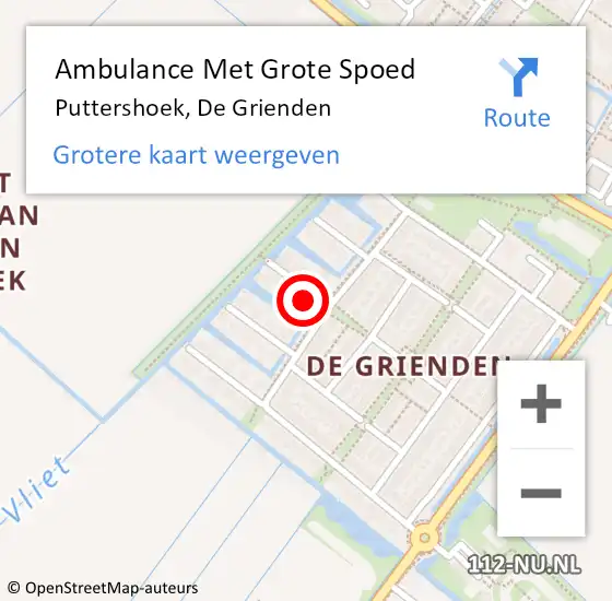 Locatie op kaart van de 112 melding: Ambulance Met Grote Spoed Naar Puttershoek, De Grienden op 27 maart 2022 10:27