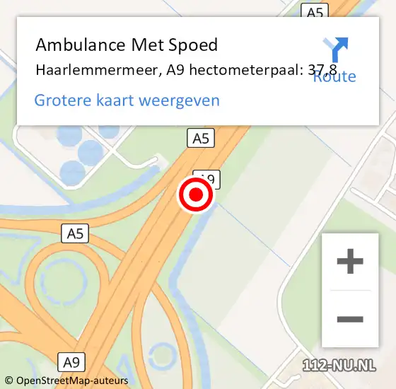 Locatie op kaart van de 112 melding: Ambulance Met Spoed Naar Haarlemmermeer, A9 hectometerpaal: 37,8 op 27 maart 2022 12:44