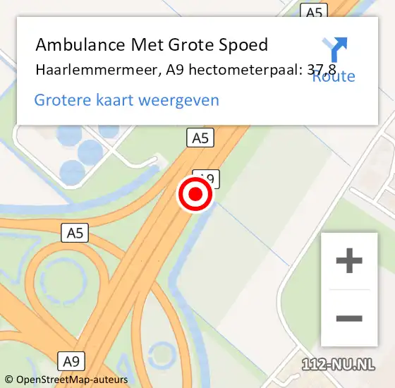 Locatie op kaart van de 112 melding: Ambulance Met Grote Spoed Naar Haarlemmermeer, A9 hectometerpaal: 37,8 op 27 maart 2022 12:57