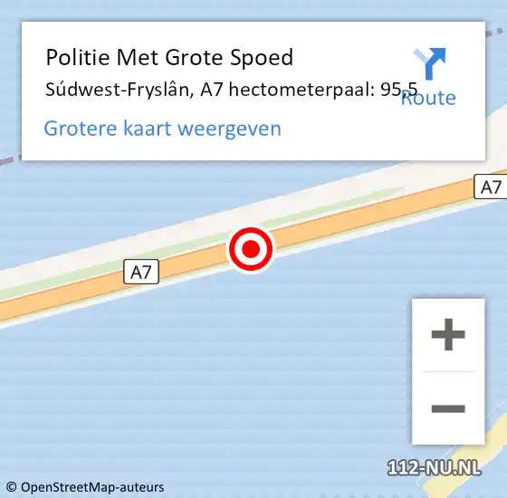 Locatie op kaart van de 112 melding: Politie Met Grote Spoed Naar Súdwest-Fryslân, A7 hectometerpaal: 95,5 op 27 maart 2022 17:40