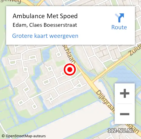 Locatie op kaart van de 112 melding: Ambulance Met Spoed Naar Edam, Claes Boesserstraat op 27 maart 2022 18:21