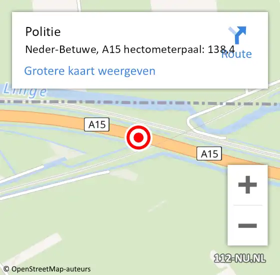 Locatie op kaart van de 112 melding: Politie Neder-Betuwe, A15 hectometerpaal: 138,4 op 27 maart 2022 18:44