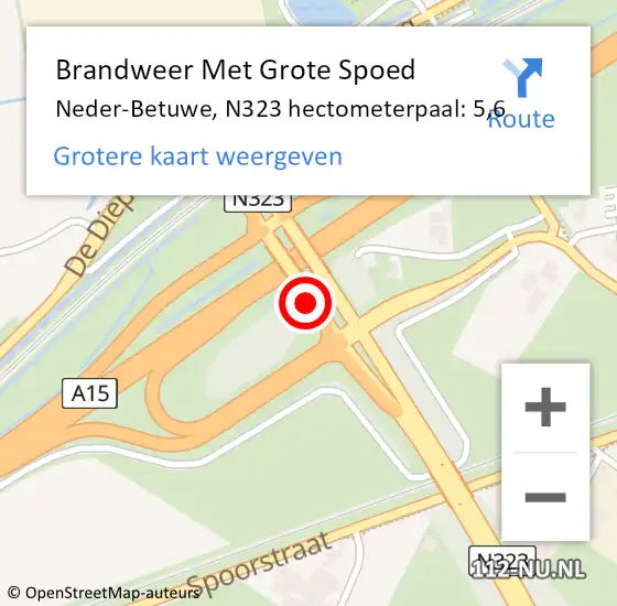 Locatie op kaart van de 112 melding: Brandweer Met Grote Spoed Naar Neder-Betuwe, N323 hectometerpaal: 5,6 op 27 maart 2022 18:56