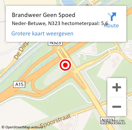 Locatie op kaart van de 112 melding: Brandweer Geen Spoed Naar Neder-Betuwe, N323 hectometerpaal: 5,6 op 27 maart 2022 18:56