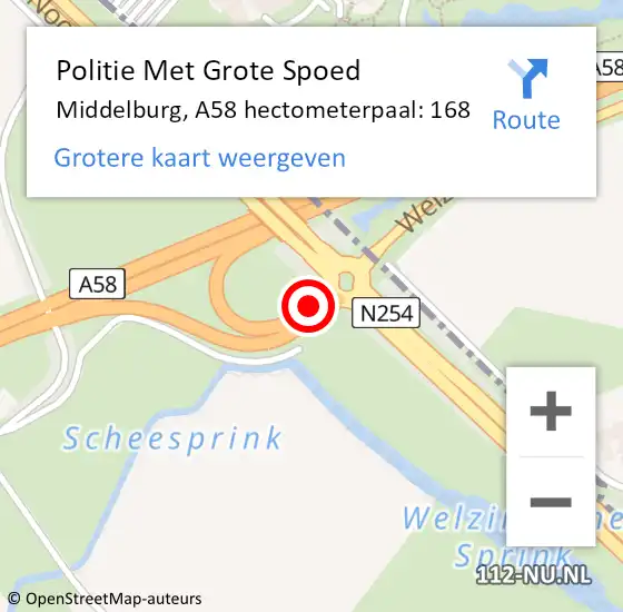 Locatie op kaart van de 112 melding: Politie Met Grote Spoed Naar Middelburg, A58 hectometerpaal: 168 op 27 maart 2022 19:26