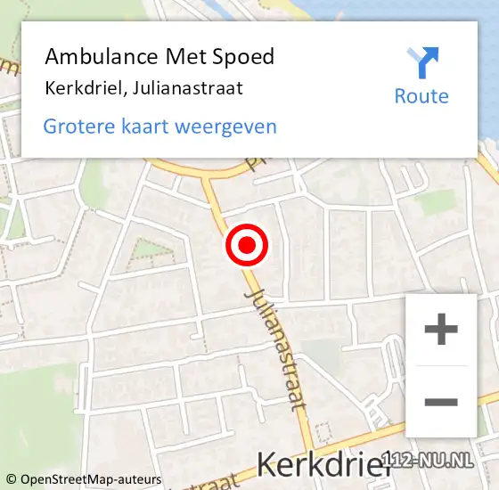 Locatie op kaart van de 112 melding: Ambulance Met Spoed Naar Kerkdriel, Julianastraat op 28 maart 2022 00:06