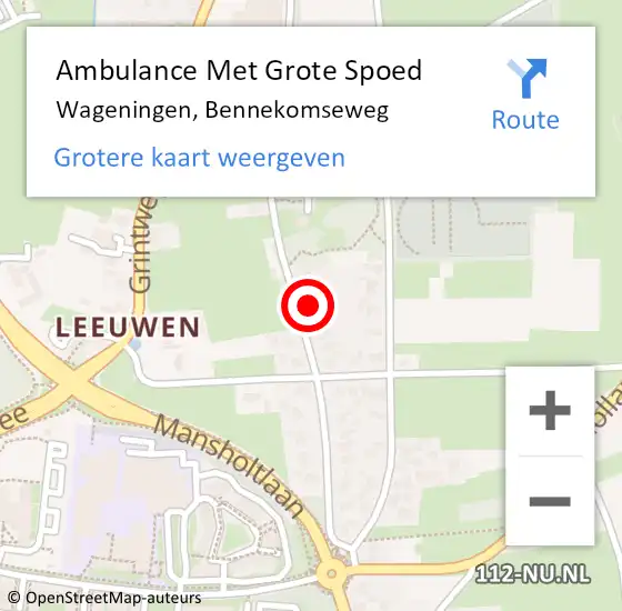 Locatie op kaart van de 112 melding: Ambulance Met Grote Spoed Naar Wageningen, Bennekomseweg op 28 maart 2022 06:52