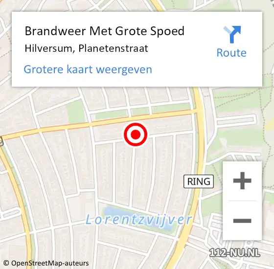 Locatie op kaart van de 112 melding: Brandweer Met Grote Spoed Naar Hilversum, Planetenstraat op 28 maart 2022 08:24