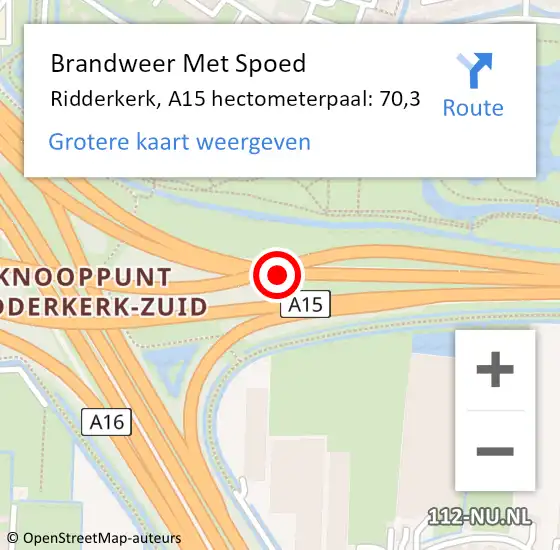 Locatie op kaart van de 112 melding: Brandweer Met Spoed Naar Ridderkerk, A15 hectometerpaal: 70,3 op 28 maart 2022 09:47