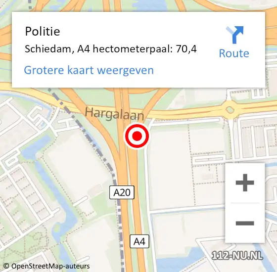 Locatie op kaart van de 112 melding: Politie Schiedam, A4 hectometerpaal: 70,4 op 28 maart 2022 10:31