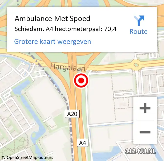 Locatie op kaart van de 112 melding: Ambulance Met Spoed Naar Schiedam, A4 hectometerpaal: 70,4 op 28 maart 2022 10:35