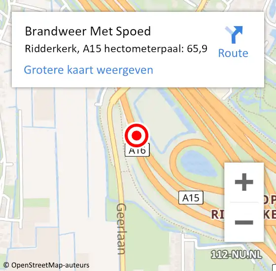 Locatie op kaart van de 112 melding: Brandweer Met Spoed Naar Ridderkerk, A15 hectometerpaal: 65,9 op 28 maart 2022 11:25