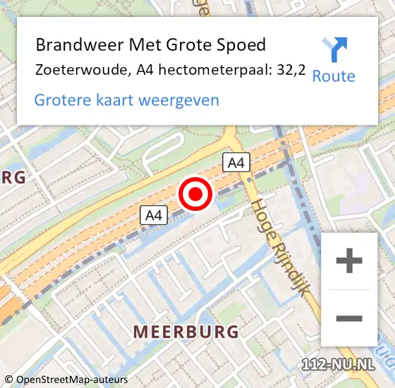 Locatie op kaart van de 112 melding: Brandweer Met Grote Spoed Naar Zoeterwoude, A4 hectometerpaal: 32,2 op 28 maart 2022 11:30