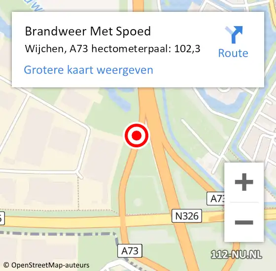 Locatie op kaart van de 112 melding: Brandweer Met Spoed Naar Wijchen, A73 hectometerpaal: 102,3 op 28 maart 2022 13:46